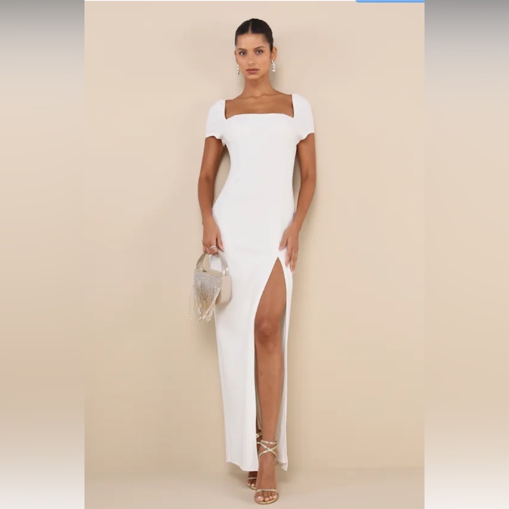 NWT Lulus Magnificent Impression White Square Neck Short Sleeve Maxi Dress
